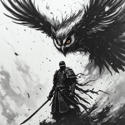 The primary subject of the image is a man dressed in a samurai outfit, holding a sword. He is standing in front of a large, menacing bird, which appears to be an owl. The setting is a dark, stormy sky, creating a dramatic and intense atmosphere. The visual style of the image is a black and white drawing, giving it a classic and timeless feel. The dominant colors are black, white, and shades of gray, which contribute to the overall mood of the scene.